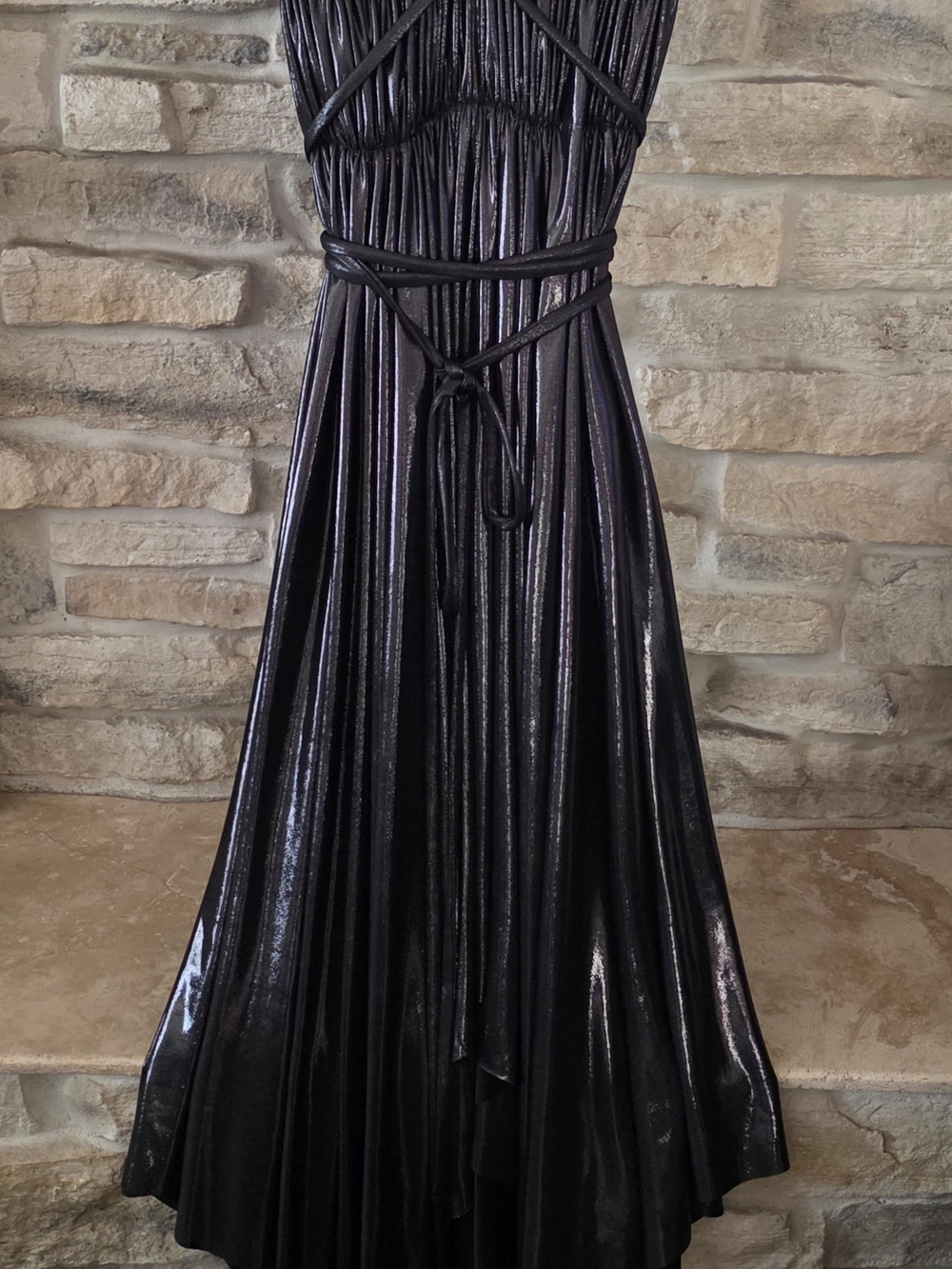 Norma Kamali Shimmering Black Metallic Pleated Halter Maxi Dress